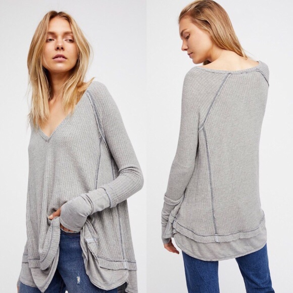 Free People Gray Long Sleeve Waffle Knit Tunic